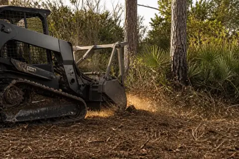 Track mulcher reducing dense saw palmetto beneath preserved slash pines on a Treasure Coast lot